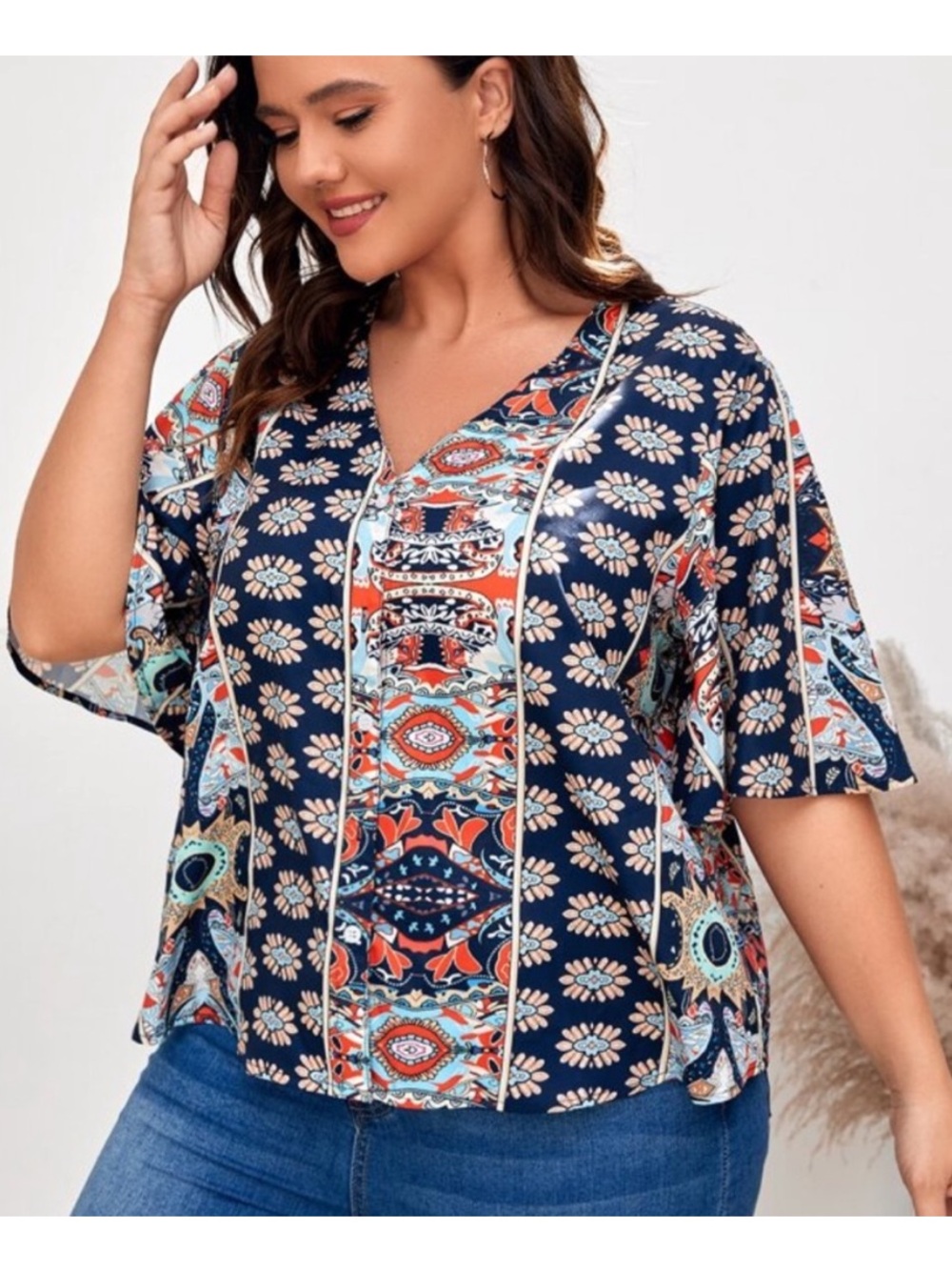 SHEIN Boho Floral Paisley Print V Neck Blouse Butterfly Sleeve Top - Size Large